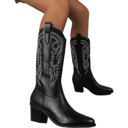 Shein Fashion Black Western Boots For Women Embroidered Fashion Pointed Toe Chunky Heel Mid Calf Western Boots For Women