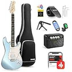 Donner Electric Guitar, 39" Electric Guitar Kit HSS Pickup Coil Split, DST-152R Set with Amp, Bag, Capo, Strap, String, Cable, Picks, Metallic Ice Blue