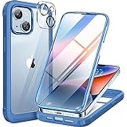 Miracase Compatible with iPhone 14 Plus 6.7, 2023 Upgrade Full Body Clear Bumper with Built-in 9H Tempered Glass Screen Protector Camera Lens Protector for iPhone 14 Plus Capri Blue