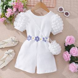 Shein Young Girl ShortSleeved Bubble Texture Jumpsuit With Crossed Back And Knit Stripe Fabric Including Bag