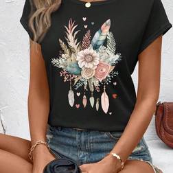 Shein Casual Floral Feather Printed RoundNeck Slim Fit Womens TShirt Suitable For Summer
