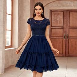 Shein A-Linien-Kleid für Cocktailpartys mit Blumenspitze und Chiffon-Schichtung mit einfarbigem Saum