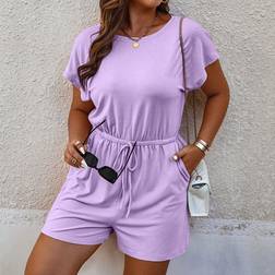 Shein Plus Round Neck Solid Color Short Sleeve Jumpsuit With Pockets Summer