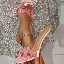 Shein Women Transparent HighHeeled Sandals With Butterfly Decoration Square Toe Suitable For Weddings And Parties