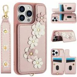 Shein Kompatibel med Iphone Plus Pro Max Stereo Flower Wallet Case PU Lder Flip Sttskert Fodral Med Lanyard Kickstand Telefonfodral fr kvinnor rosguld