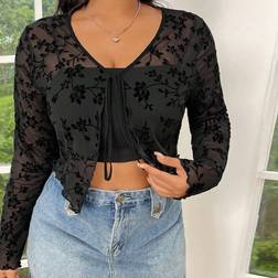 Shein Womens Plus Casual Plush Mesh Floral TieFront Cropped Top For And Summer