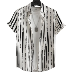 Shein Manfinity Hypemode Men Striped Print Shirt Without Tee, Short Sleeve Button Up Graphic Stripe Vacation Casual Shirt