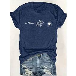 Shein Große Größen Schildkröte und Sonnen Muster Rundhals Kurzarm lässiges T-Shirt für Sommer