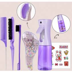 Shein 6Pcs Air Cushion Comb Spray Bottle(6.8oz/200ml) Set, DIY Cartoon Sticker Waterproof, Ultra Fine Spray Bottle And Bear Ear Shape Cute Comb, Edge Brush Bristle Brush Rat Tail Comb Teasing Brush Set For Smoothing Hair, Hairstyling, Cleaning, Salons(Pink,Purple,Blue,Yellow,Green),Hair Brush,Comb,Hair Tools,Hair Products And Accessories For Barber Salon Beauty Travel Essential