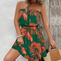 Shein Women Colorful Plant Print Strapless Gathering Waist Dress