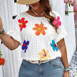 Shein T-Shirt mit kurzen Ärmeln mit Rundhalsausschnitt und bestickten Blumen in Große Größen und Cut Out Ausschnitten