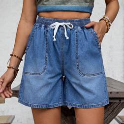 Shein Drawstring Waist Slant Pocket Denim Shorts