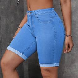 Shein Damen Sommer Lässig Denim Shorts Einfarbig mit Taschen und Knöpfen