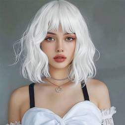 Shein White Short Curly Wigs With Bangs Synthetic Heat Resistant Wig Girl Daily Party Cosplay Halloween