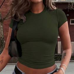 Shein Womens Summer Solid Color Round Neck Short Sleeve Cropped Casual TShirt