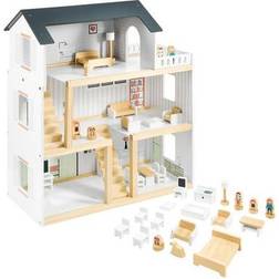 Mamabrum Puppenhaus Holz mit Möbeln und Zubehör 18-tlg Puppenvilla Puppenstube mit 3 Ebenen