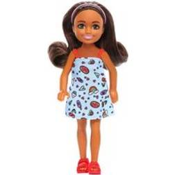 Barbie Chelsea-docka, liten docka bär avtagbar blå klänning med färgglada tryck och rosa skor, brunt hår och gröna ögon