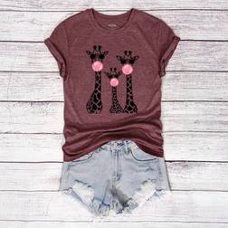 Shein Rundhals-T-Shirt für Damen mit Giraffen-Muster, kurzärmelig, 140g Baumwolle, lässige Mode, reguläre Passform