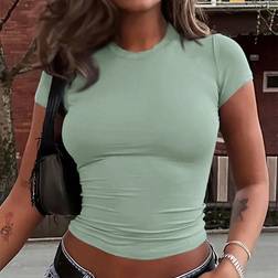 Shein Womens Summer Solid Color Round Neck Short Sleeve Slim Fit Casual TShirt With Pleats