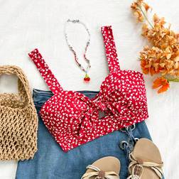 Shein Womens Summer Vacation Red White Polka Dot Knitted Slim Fit Crop Top With Front Midriff CutOuts Bow Tie Details