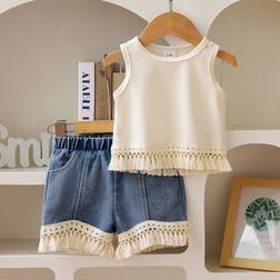 Shein Baby Girl Solid Color Fringe Top And Denim Fringe Shorts Set