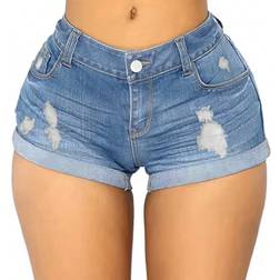 Shein Womens Distressed Cuffed Jean Shorts With High Waist Frayed Hem And Pockets