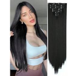 Shein 7 Pieces/Set 16 Clip Hair Extensions Black Long Straight