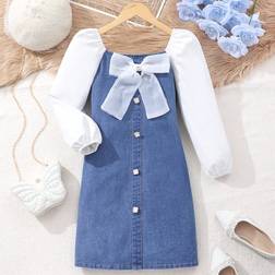 Shein Tween Girl Colorblock Bow Decorated Lapel Long Sleeved Denim Dress