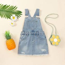Shein Young Girl Washed Ripped Raw Hem Short Denim Dress For Summer
