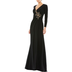 Mac Duggal Faux Wrap Long Sleeve Gown W/ Appliqué Detail - Black