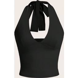 Shein Women Fashionable Solid Color Halter Neck VNeck Tank Top With Hollow Out Design