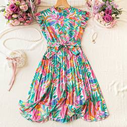 Shein Floral Printed Mini Stand Collar Pleated ALine Vacation Dress With Cinched Waist
