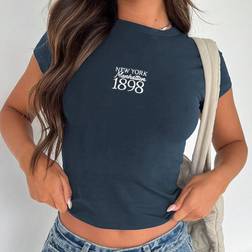 Shein Women Summer Short Sleeve Casual TShirt With Letter Print Round Neck
