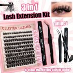 Shein 140 Pcs Fluffy DIY Lash Extension Kit 8-16mm Mixed Length Fluffy Individual Lashes Cluster Segmented Spikes C Curl Eyelash Extension Kit With Lash Bon
