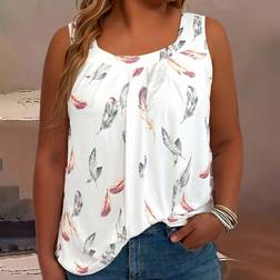 Shein Plus Womens Feather Print Round Neck Pleated Loose Tank Top For Summer