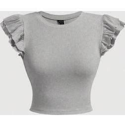 Shein Womens Round Neck Solid Color Frill Trim Summer TShirt