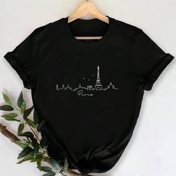 Shein Frauen T-Shirt mit Umrisse von Pariser Landschaft, cooles Pariser Kunstwerk Muster auf Rundhals Kurzarm Lässig Tee