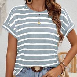Shein Gestreiftes Und Bedrucktes Sommer-t-shirt Mit Fledermausärmeln Und Rundhalsausschnitt Für Damen