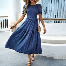 Shein Damen Sommerkleid, Einfarbig, Rundhalsausschnitt, Kurze Ärmel, Lässig, Lang, Elegant, Plissiert
