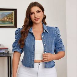 Shein Kurze und legere Denim Jacke Große Größen für Damen, mit kurzen Puffärmeln und einem Knopfverschluss für den Sommer