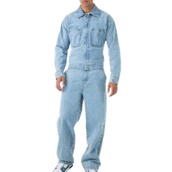 boohooMAN Relaxed Fit Long Sleeve Denim Jumpsuit - Light Blue