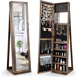 Costway Mirrored Jewelry Armoire Lockable Standing Organizer Brown Storage Cabinet 15x62"