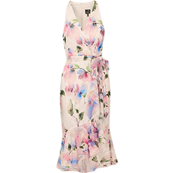 Adrianna Papell Floral Printed Chiffon Halter Dress with Self Tie Waist - Ivory Pink Multi