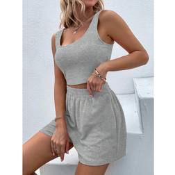 Shein Solides Geripptes Rundhals-casual-weste Und Shorts