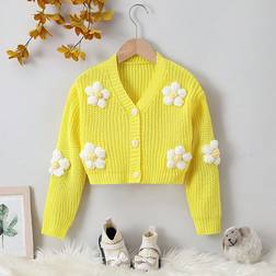 Shein Young Girl Stereo Flower Drop Shoulder Button Front Cardigan