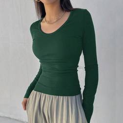 Shein Solides Farbe Rundhals-rippmuster Schlank Langärmliges T-shirt