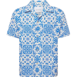 Les Deux Tile Print Camp Shirt - Light Ivory/ Surf Blue