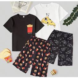 Shein Teen Boy White Simple Hamburger French Fries Cola Print TShirt And MidLength Shorts Set Homewear