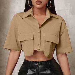 Shein Einfarbiges Hemd mit Kragen, Knopfleiste, Doppeltasche und Kurzarm, lässiger Tageshemden-Stil