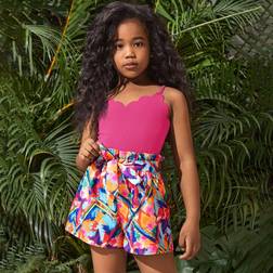 Shein Tween Girl Vacation Casual SpringSummer Knitted Spliced Woven Floral Printed Strap Romper